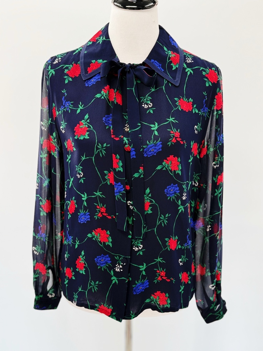 Alcott & Andrew’s  100% Silk Floral Bow Neck Blouse Size S Navy Sheer Button